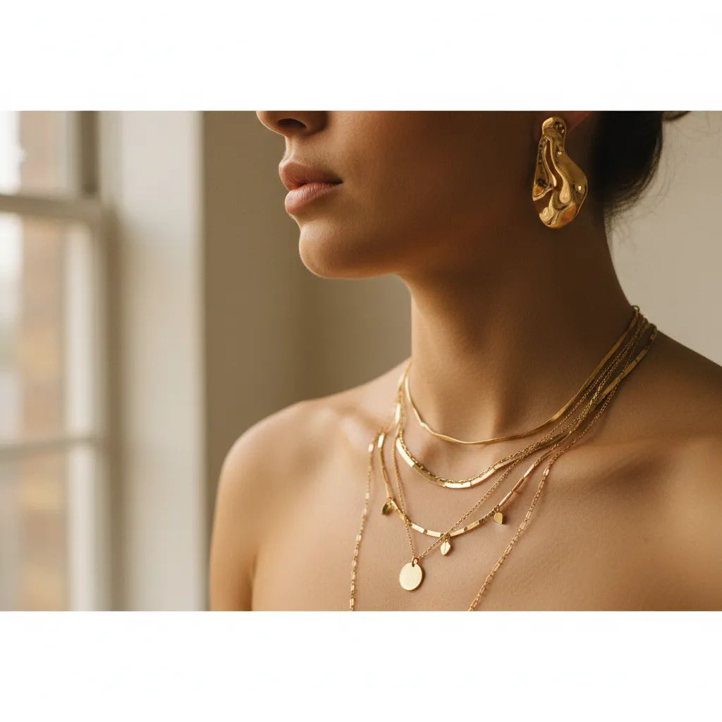 Skulpturale Goldohrringe und geschichtete Ketten sind der Schmuck-Trend 2026