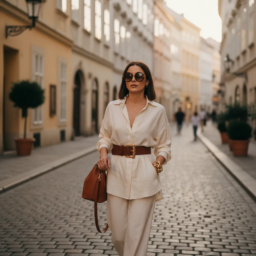 Perfekt gestylt: Statement-Gürtel, Layering-Armbänder und strukturierte Tote-Bag im Wiener Streetstyle