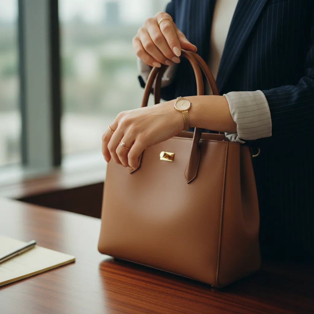 Dezente Accessoires wie eine elegante Uhr und Ledertasche vervollständigen das Business Outfit