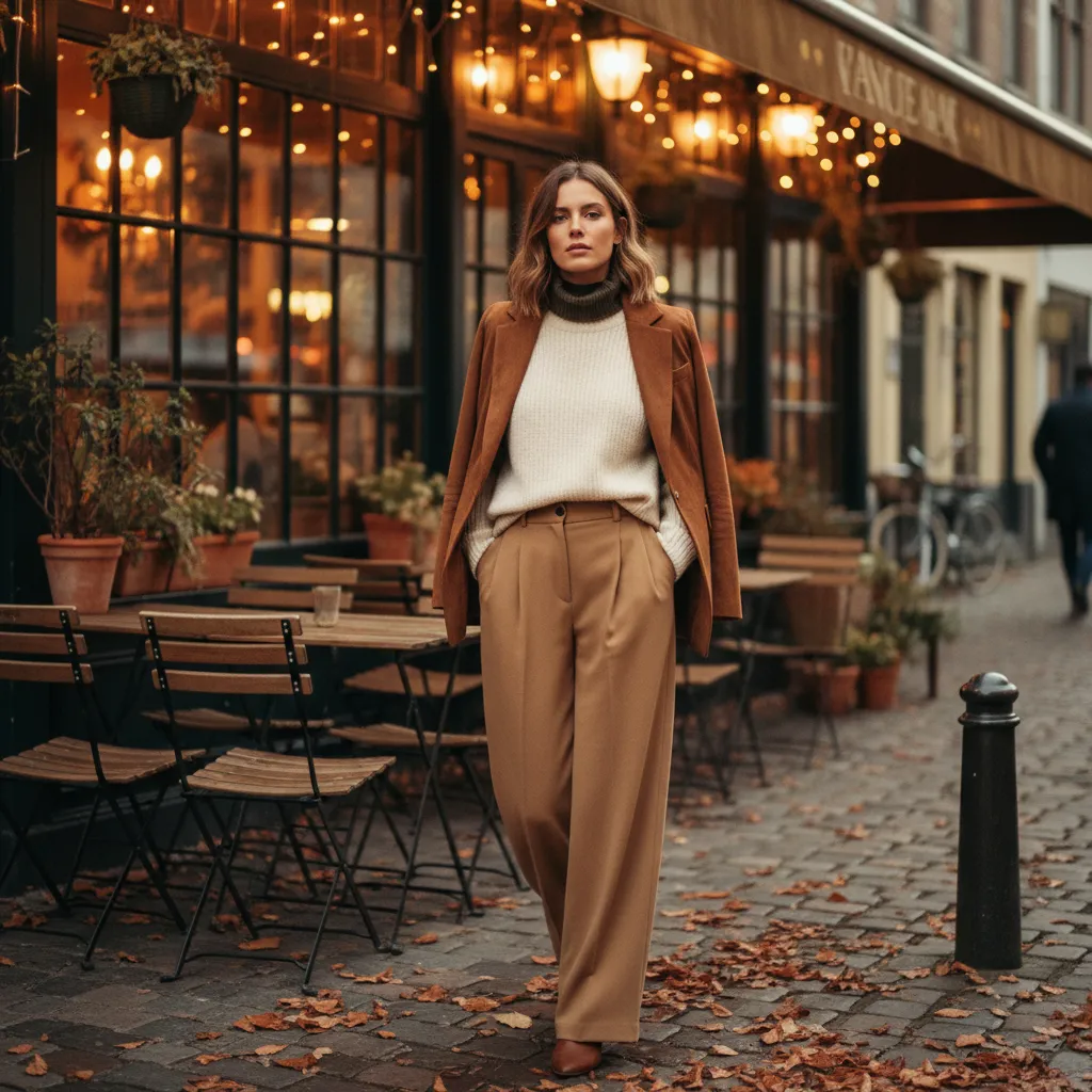 Layering-Look mit Grobstrick und Wildleder-Blazer für den perfekten Herbst-Auftritt