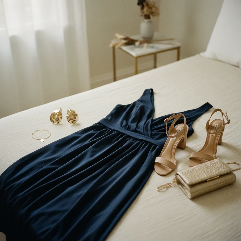 Flat Lay eines kompletten Hochzeitsgast Outfits in Marineblau mit goldenen Accessoires