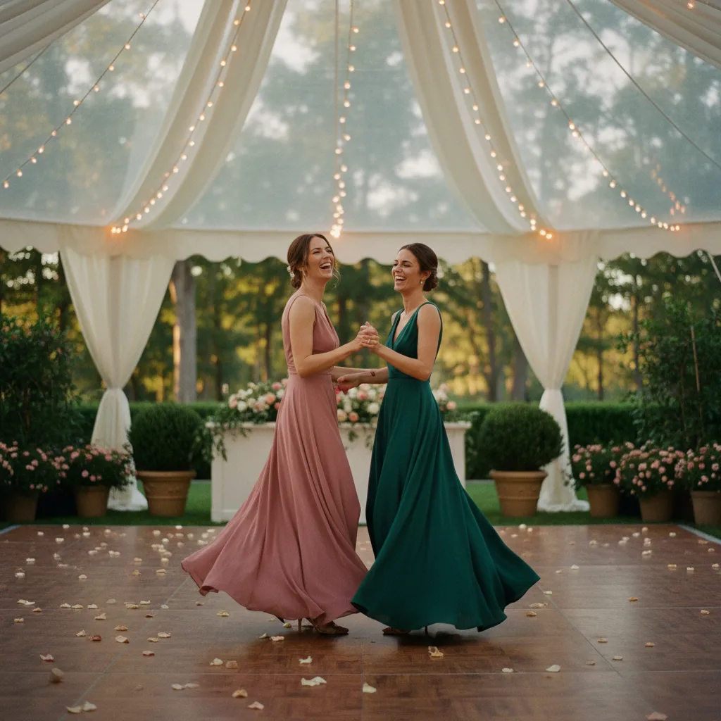 Zwei Hochzeitsgäste in eleganten Kleidern beim Tanzen auf der Gartenparty