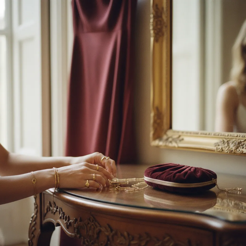Goldener Schmuck und Samt-Clutch als Accessoires zum Hochzeits-Outfit in Bordeaux