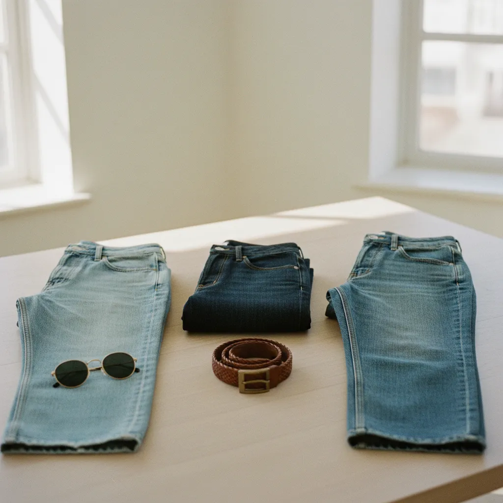 Flat Lay der drei wichtigsten Jeans-Schnitte 2026: Wide Leg, Straight Leg und Barrel Cut