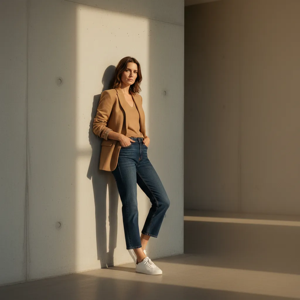 Straight Leg Jeans in Deep Indigo als Business-Casual-Look mit Blazer