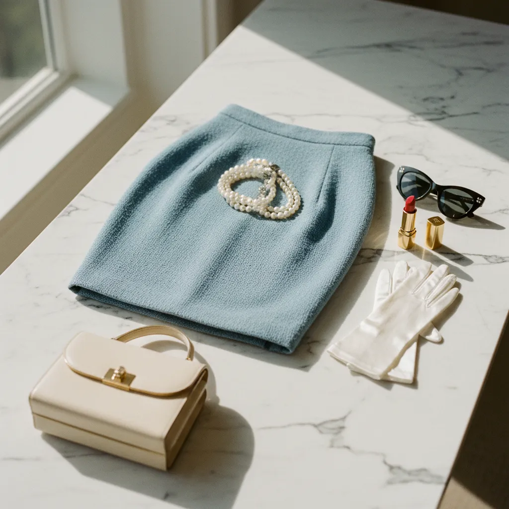 Flat Lay mit den wichtigsten Accessoires und Kleidungsstücken im 50er-Jahre-Stil