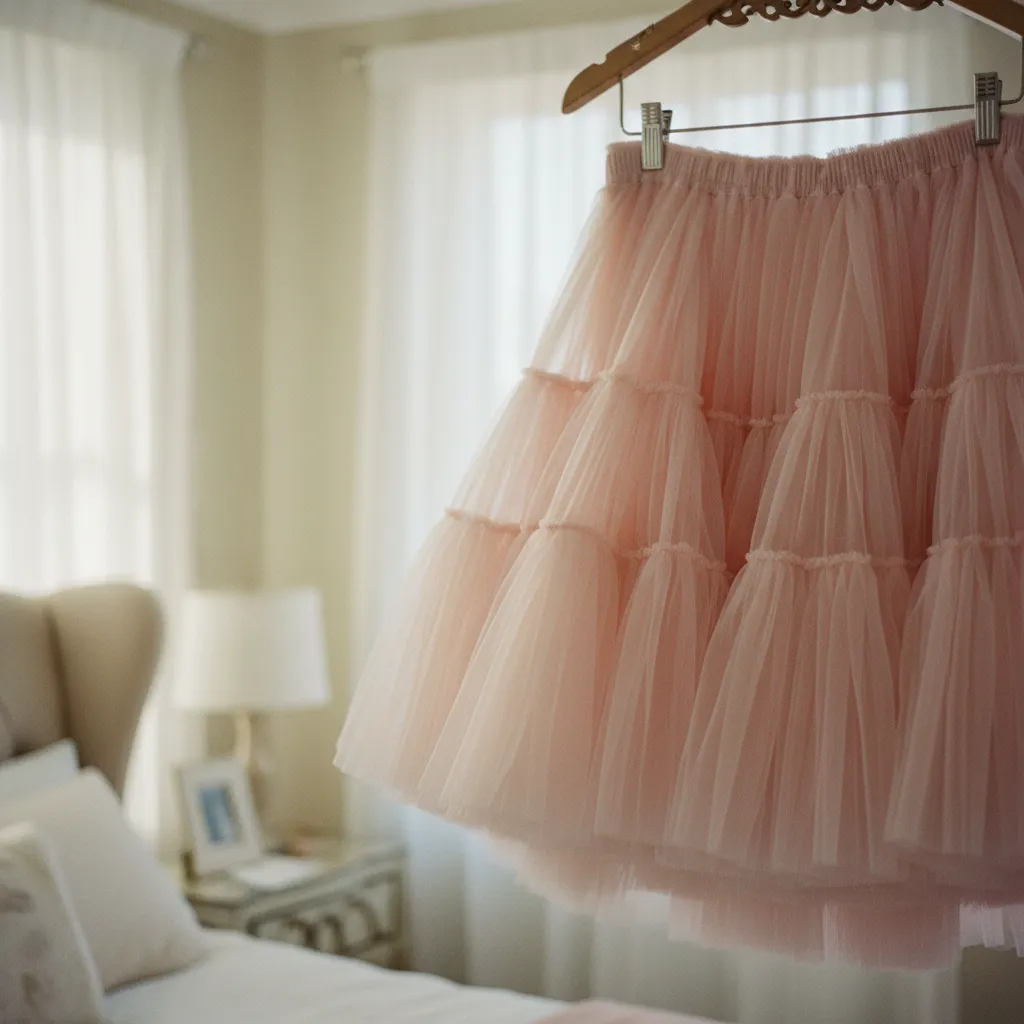 Detailaufnahme eines mehrlagigen Tüll-Petticoats in zartem Rosa