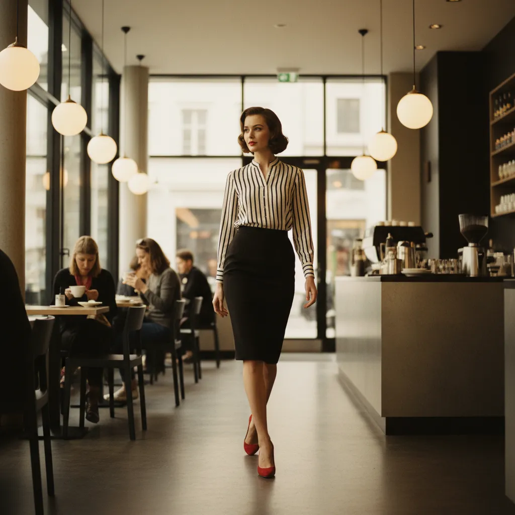 Moderne Interpretation der 50er-Jahre-Mode mit Bleistiftrock und Kitten Heels im Wiener Kaffeehaus