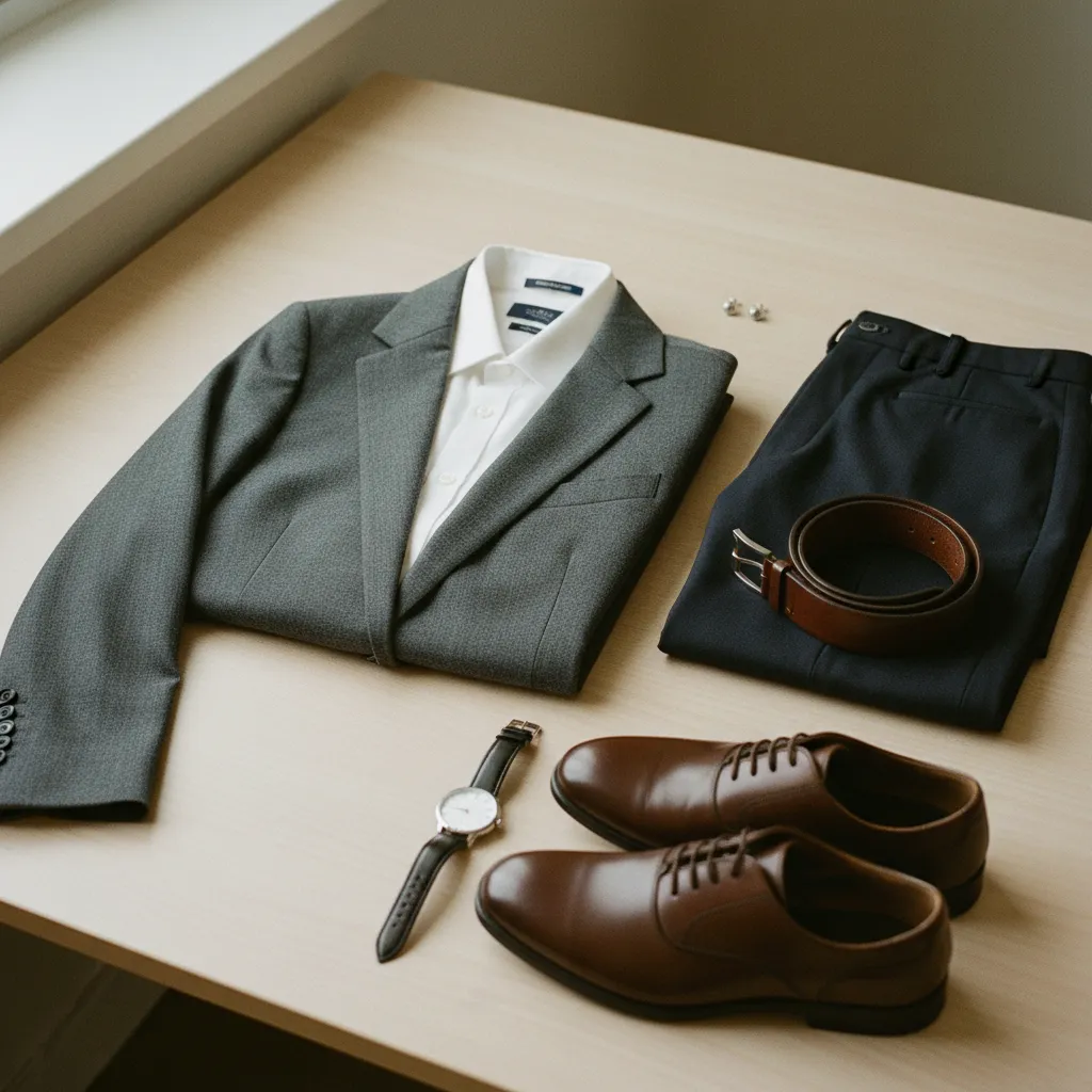 Ein Flat Lay mit den wichtigsten Bestandteilen eines gelungenen Bewerbungsoutfits