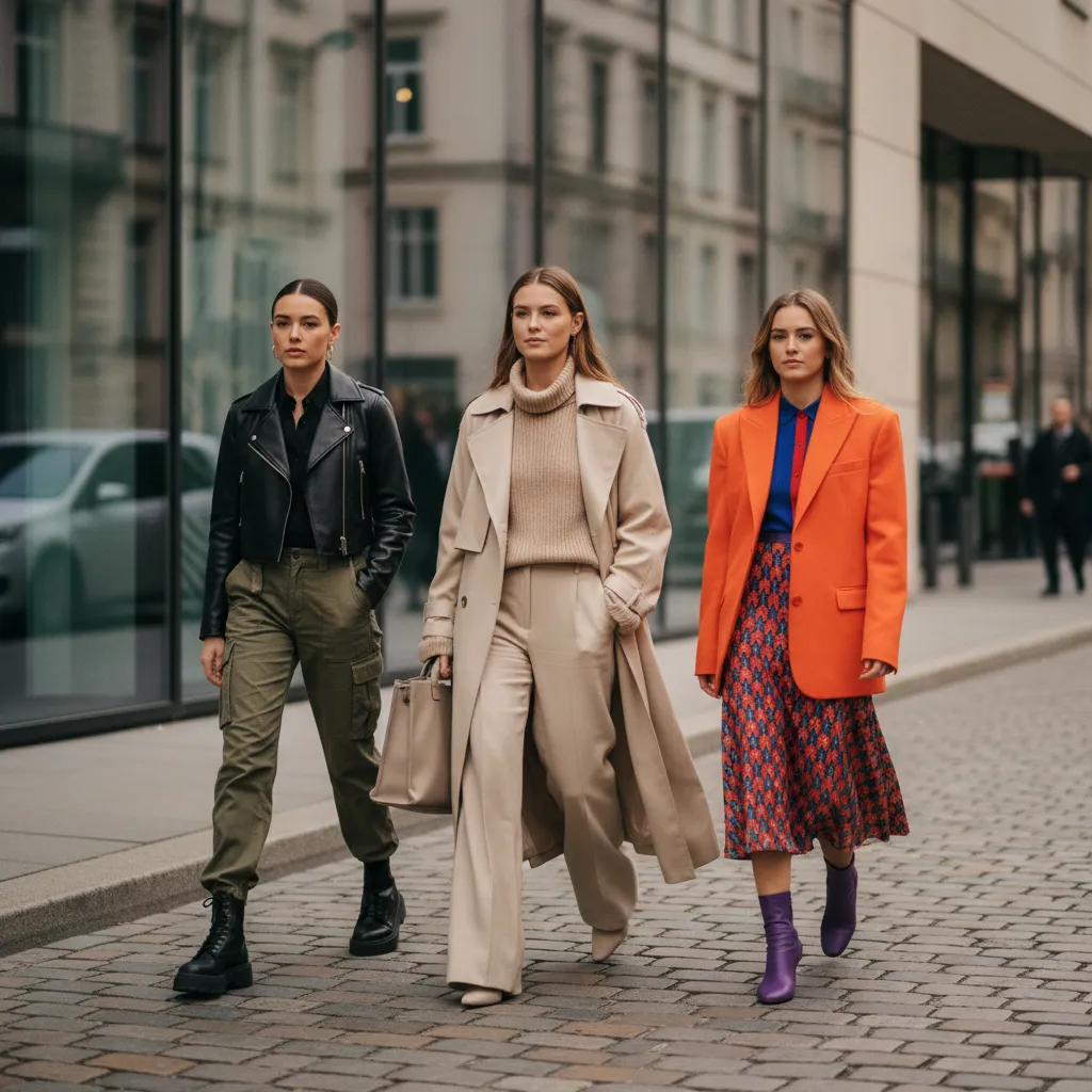 Verschiedene Streetstyle-Looks bei einer europäischen Fashion Week