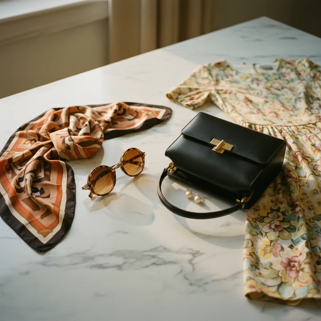 Flat Lay mit Vintage-Fundstücken: Seidenschal, Lederhandtasche und Schmuck aus verschiedenen Jahrzehnten