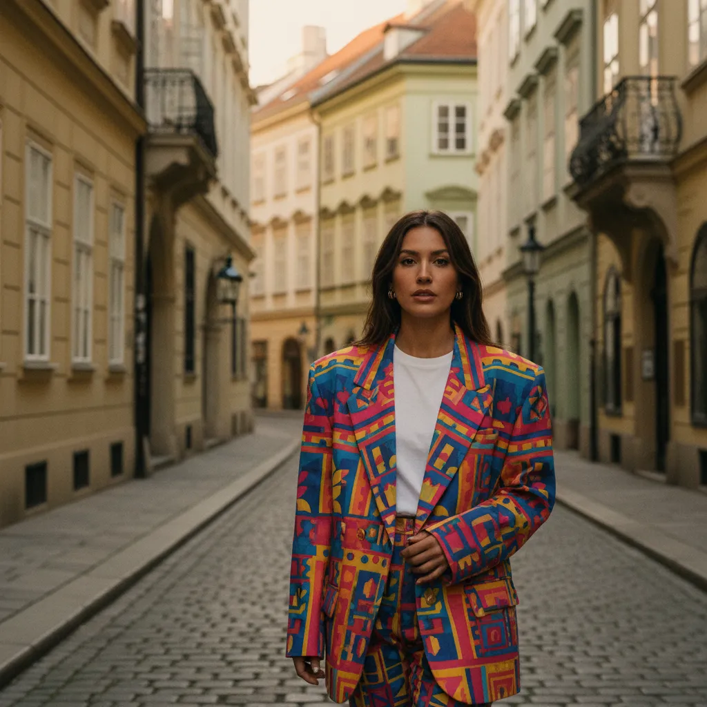 Vintage trifft Modern: Ein 80er-Jahre-Blazer kombiniert mit schlichtem weißen T-Shirt auf Wiener Straßen