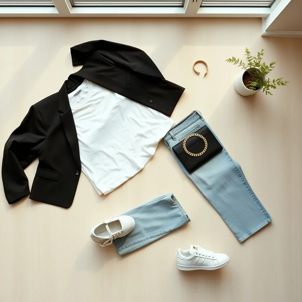 Blazer-Outfit im Flat Lay: Die perfekte lässige Kombination mit Jeans und Sneakers