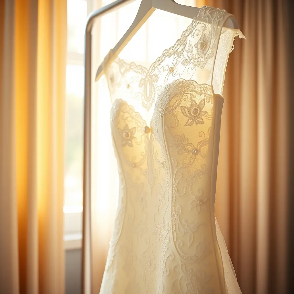 Detailaufnahme feiner Spitze und Perlenbesatz an einem Brautkleid