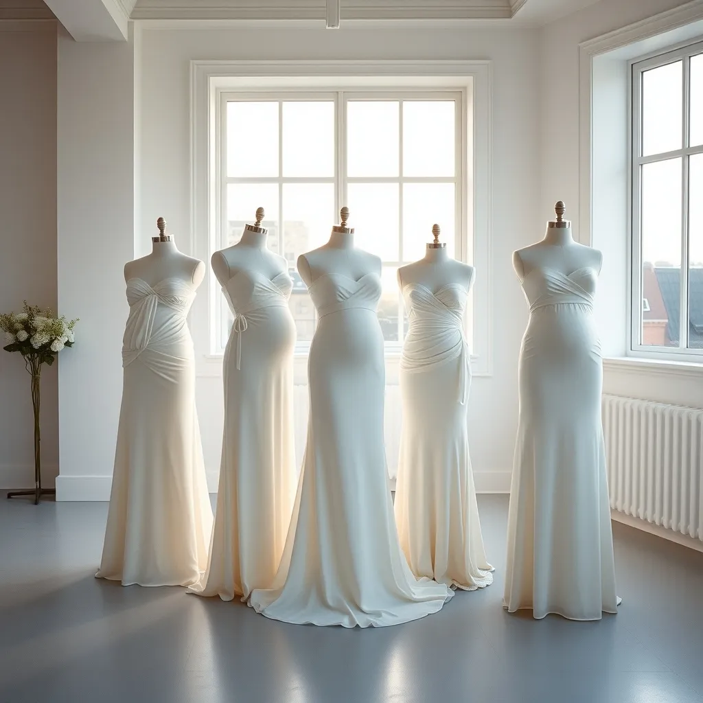 Fünf verschiedene Brautkleid-Schnitte für Schwangere in einer hellen Boutique