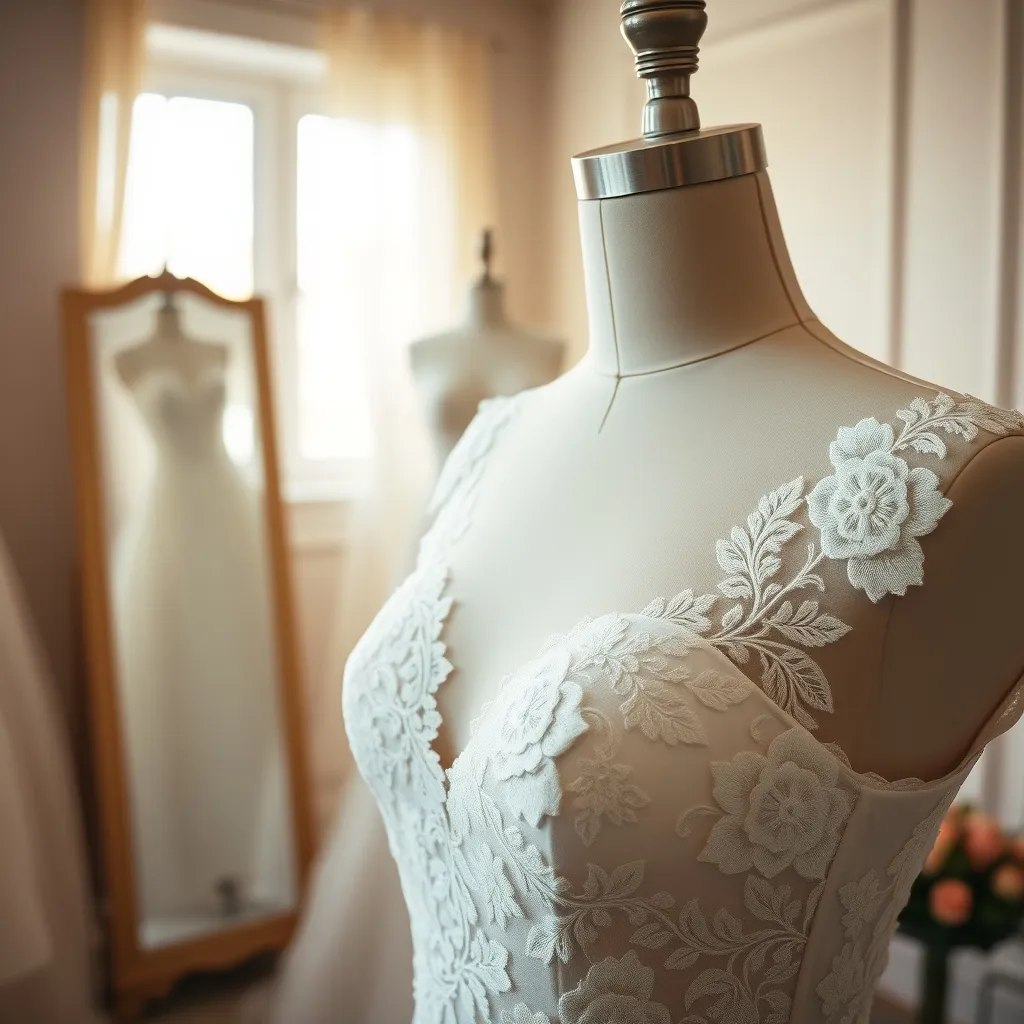 Detailaufnahme eines Spitzen-Brautkleides mit floraler Stickerei im Brautsalon