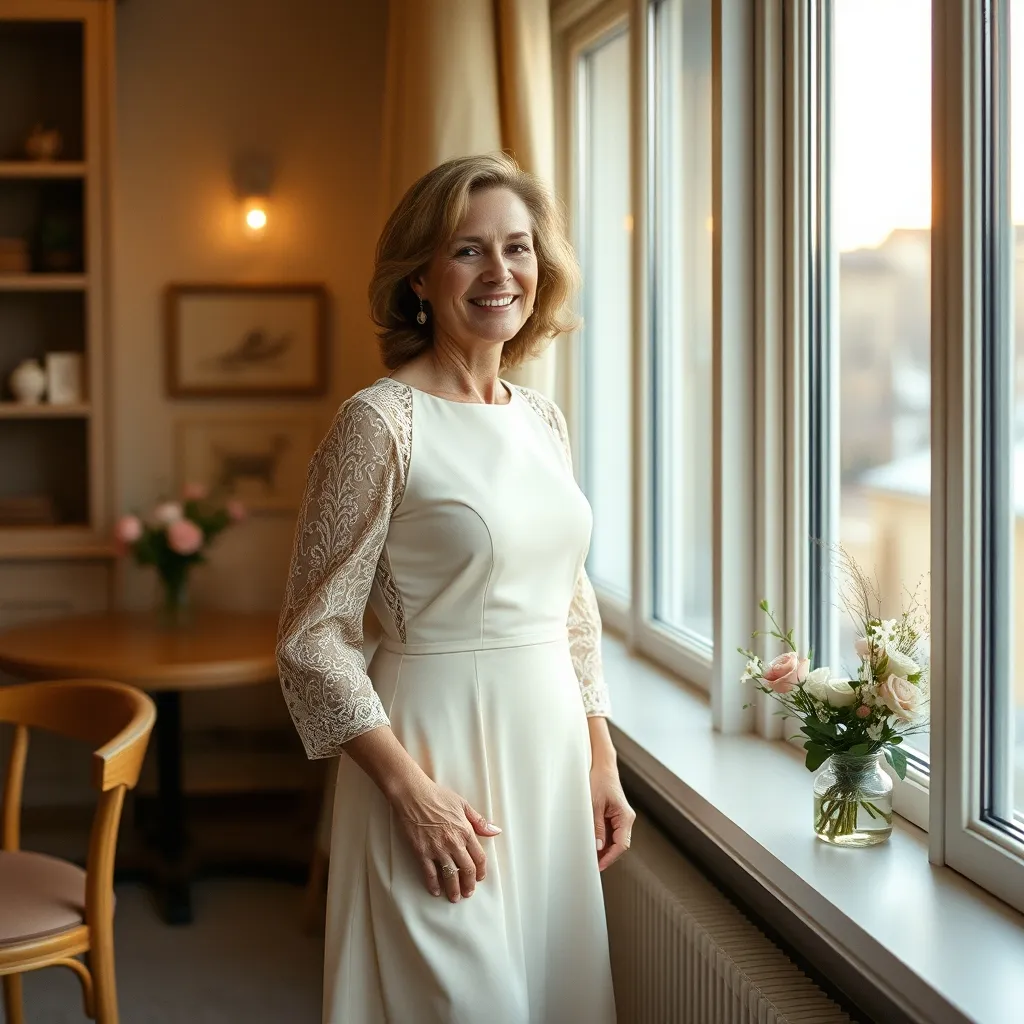 Elegantes Standesamtkleid in Champagner für die stilbewusste Braut ab 50