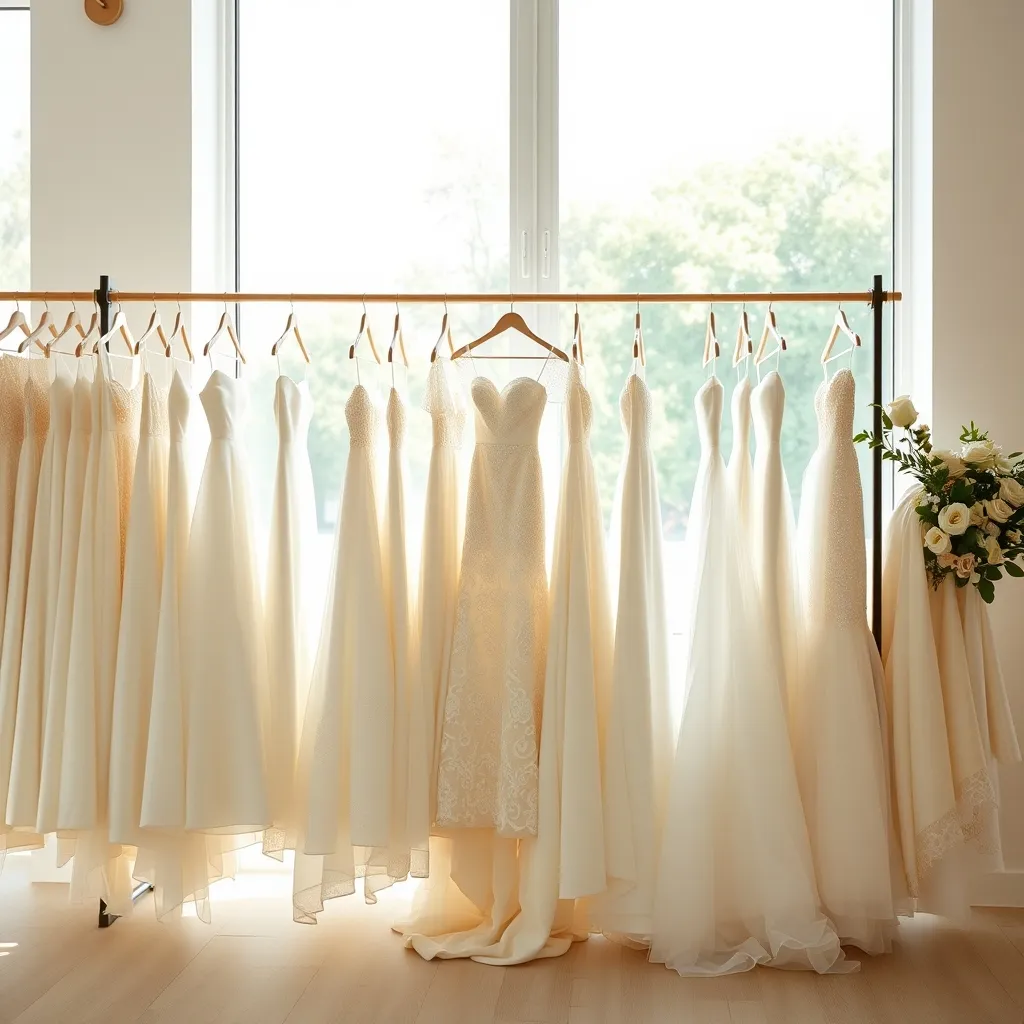 Verschiedene Brautkleid-Silhouetten in einem Modesalon
