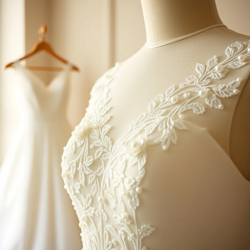 Detailaufnahme eines Brautkleides mit feiner Spitze und Perlenbesatz