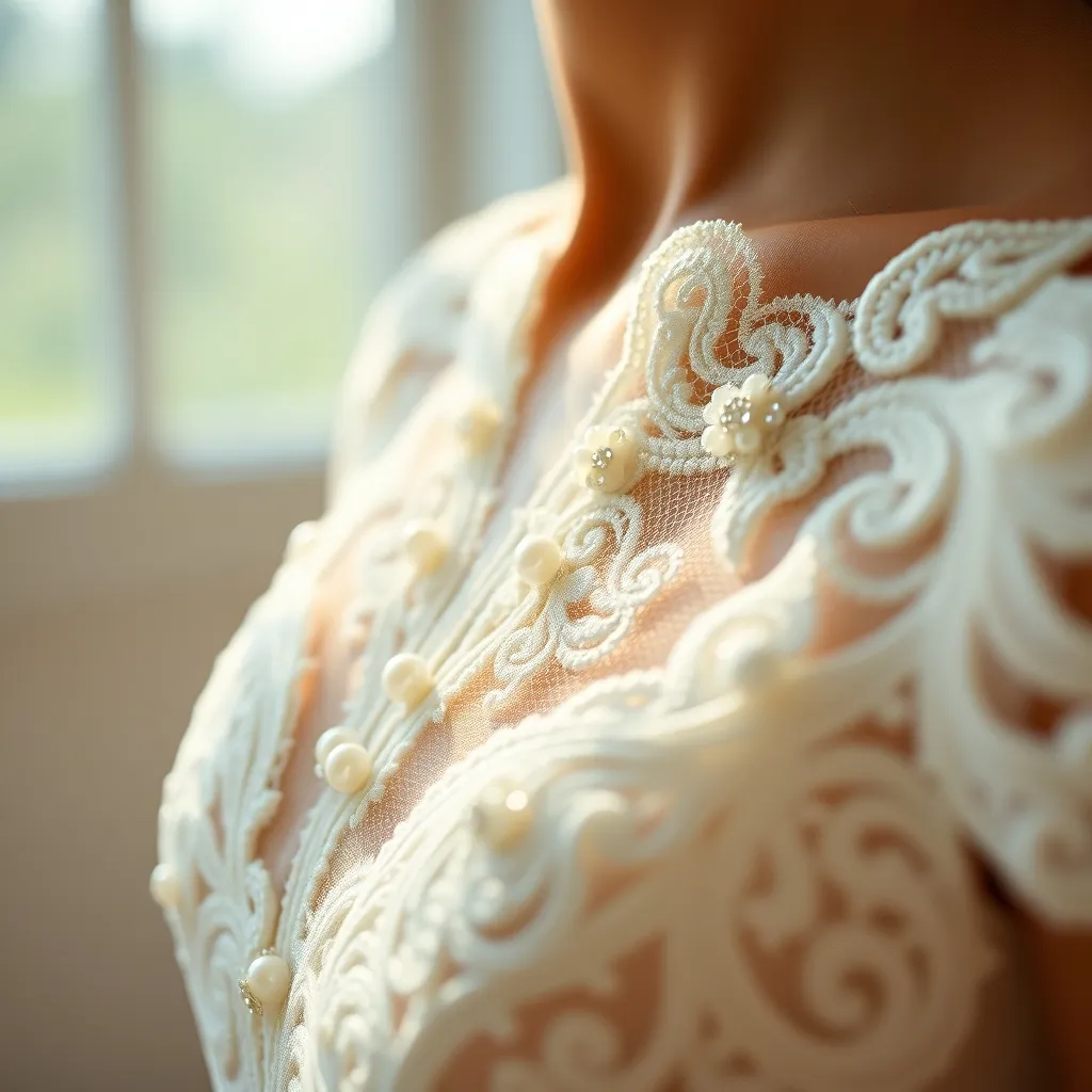 Detailaufnahme handgearbeiteter Spitze mit Perlen und Kristallen an einem Sissi-Brautkleid