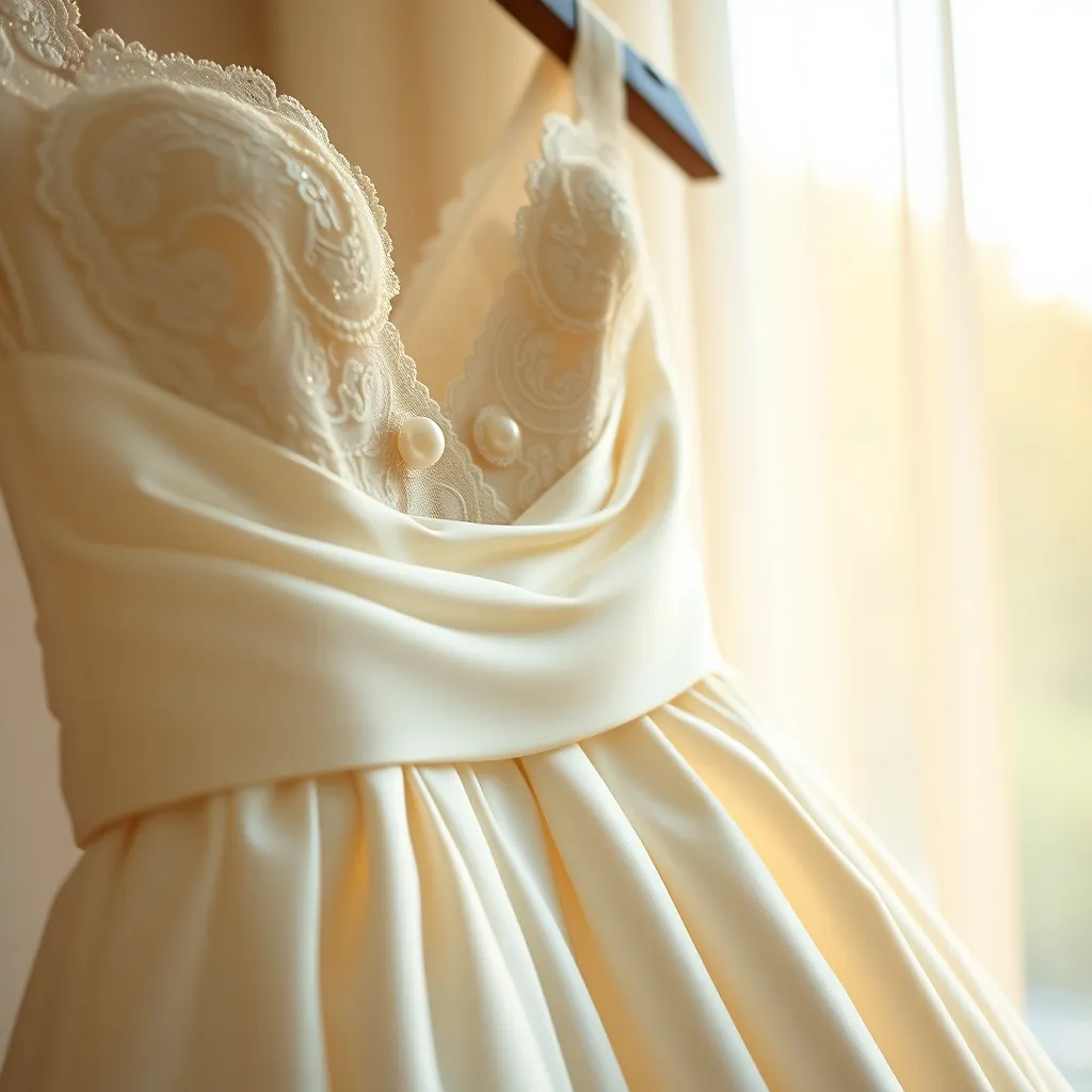 Detailaufnahme eines Brautkleides mit feiner Spitze und Perlmuttknöpfen