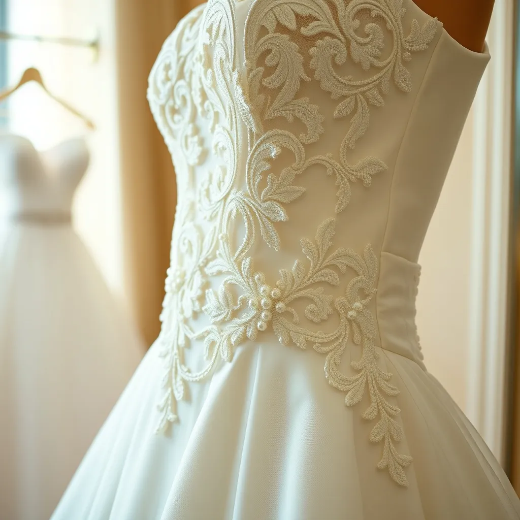 Detailaufnahme eines Brautkleides mit feiner Spitzenstickerei und Perlenbesatz