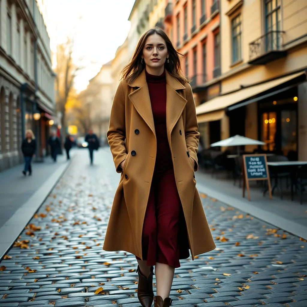 Ein Herbst-Date-Outfit mit Mantel und Midi-Kleid vereint Eleganz und Wärme
