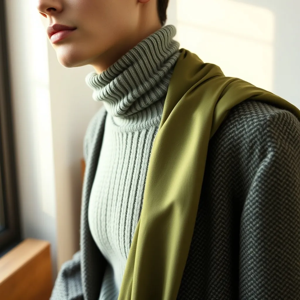 Textur-Layering im Detail: Feiner Rippstrick unter grobem Tweed-Blazer mit Seidenschal