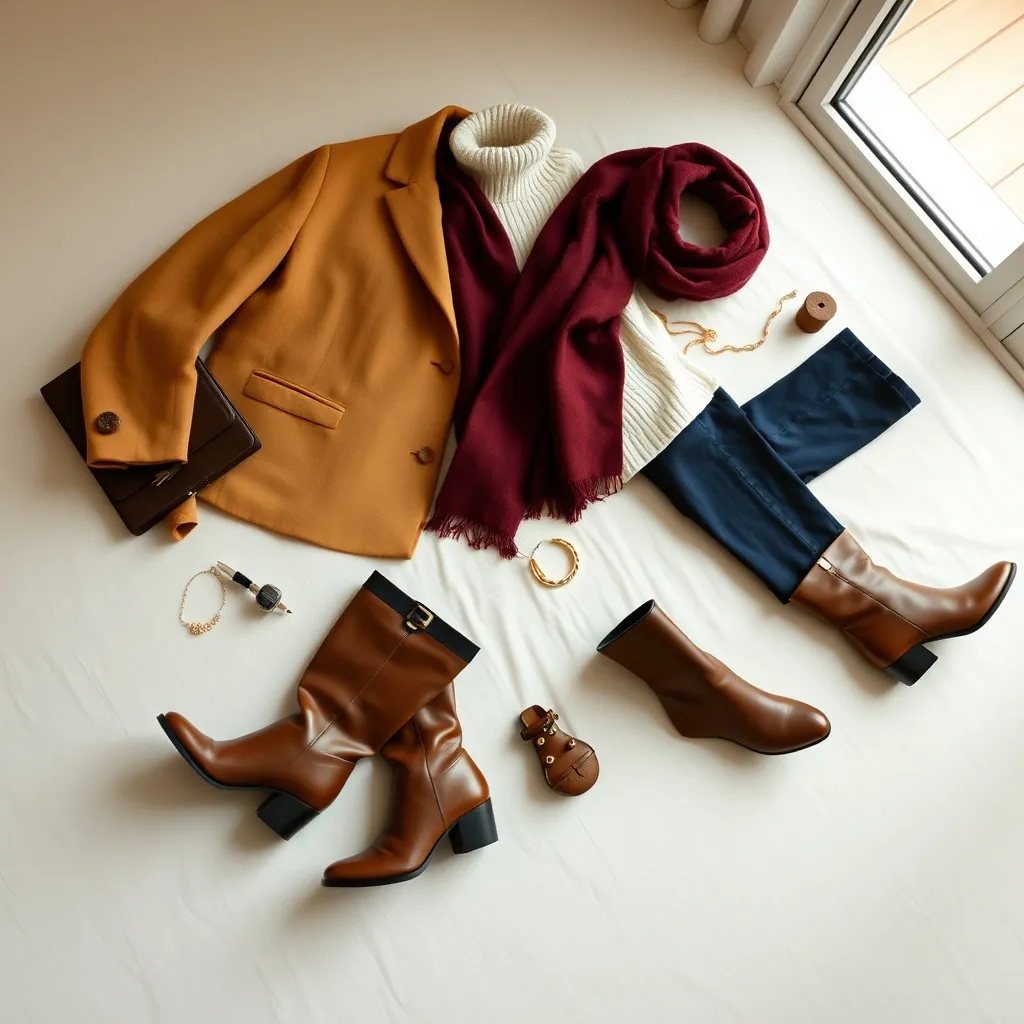 Flat Lay der wichtigsten Herbst-Must-haves: Blazer, Rollkragenpullover, Jeans und kniehohe Stiefel