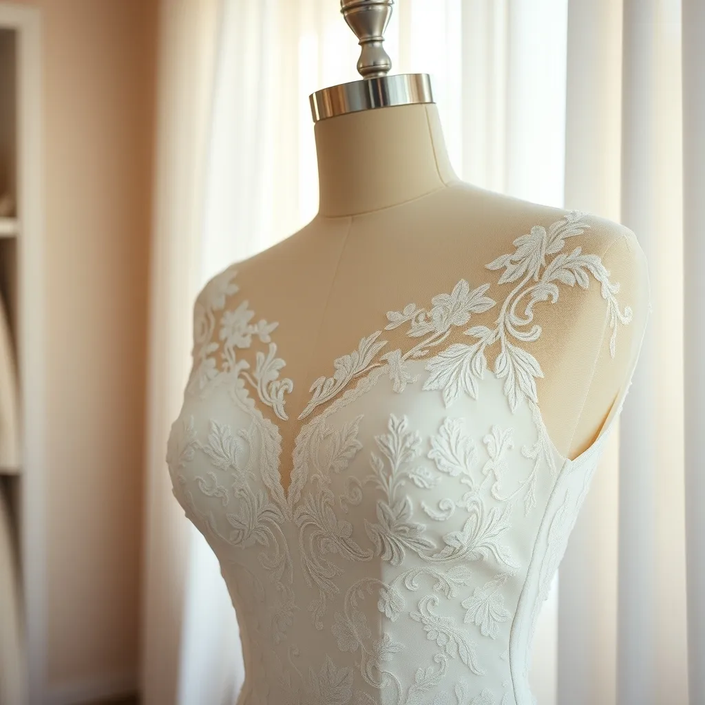 Detailaufnahme eines Brautkleides mit feiner Spitzenverarbeitung