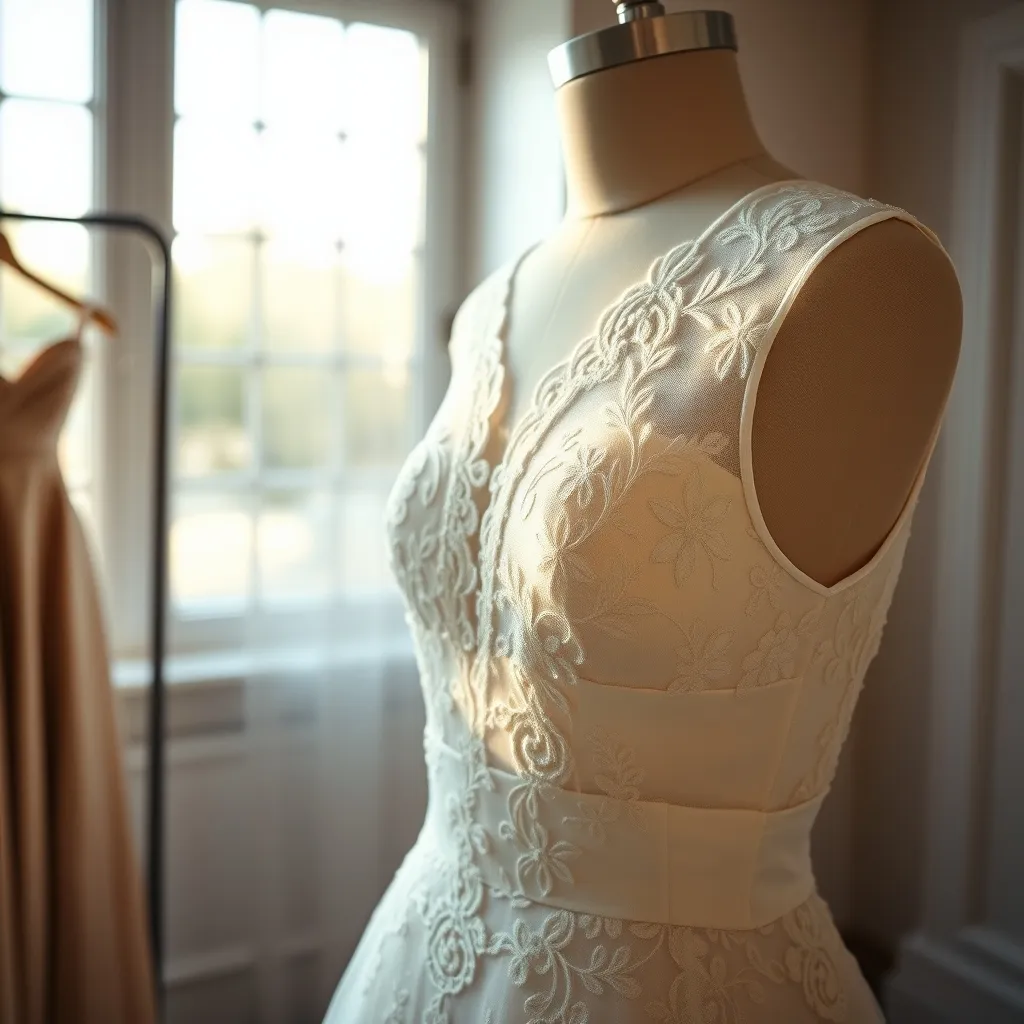 Detailaufnahme eines Brautkleides mit feiner Spitzenverarbeitung