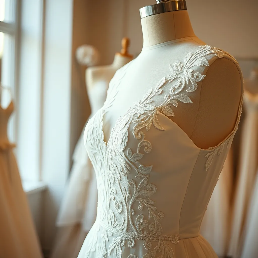 Detailaufnahme eines romantischen Brautkleides mit feiner Spitzenverarbeitung