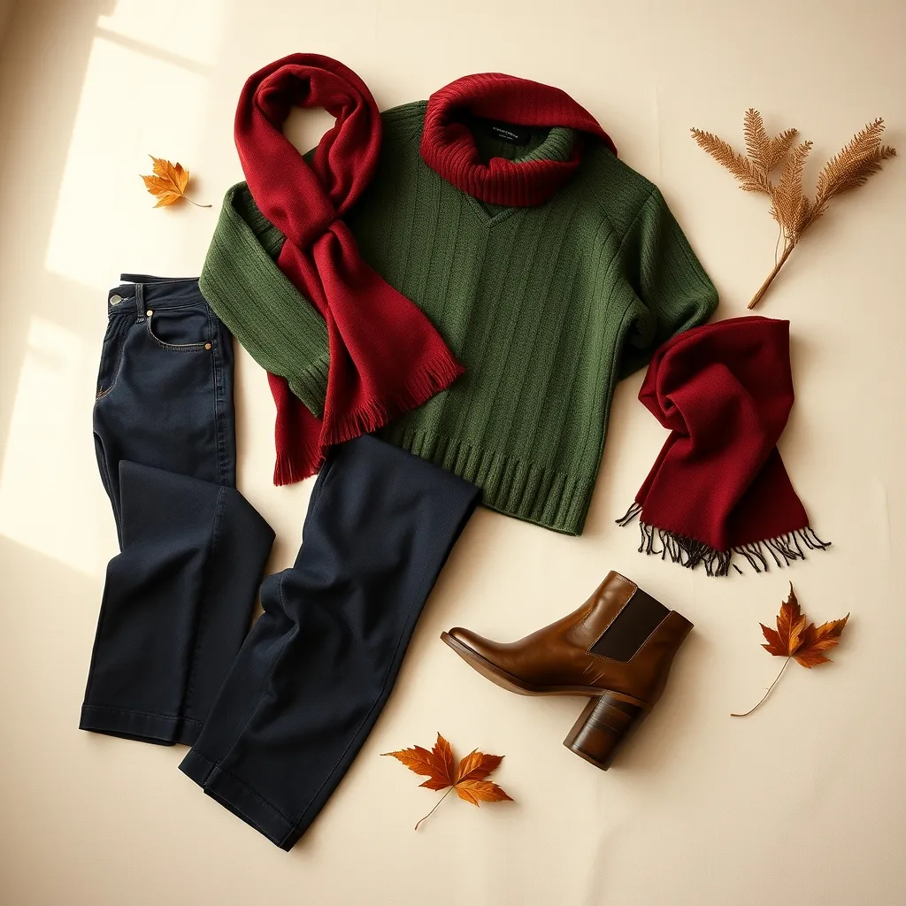 Herbst-Winter-Essentials: Wide-Leg-Jeans, Cashmere-Pullover und Lederstiefel im Flat Lay