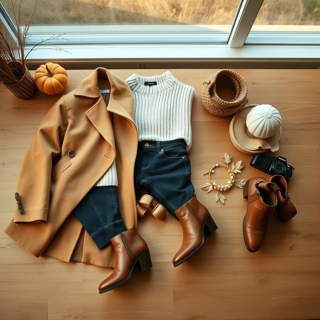 Kuratierte Herbst-Outfits im Flat-Lay-Stil als Basis für ein Pinterest-Moodboard