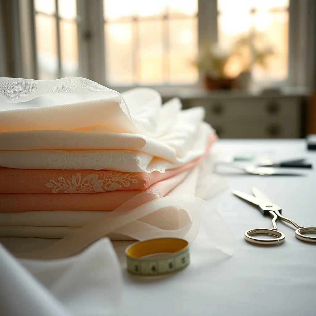 Detailaufnahme edler Brautkleidstoffe: Tüll, Spitze und Satin im Vergleich