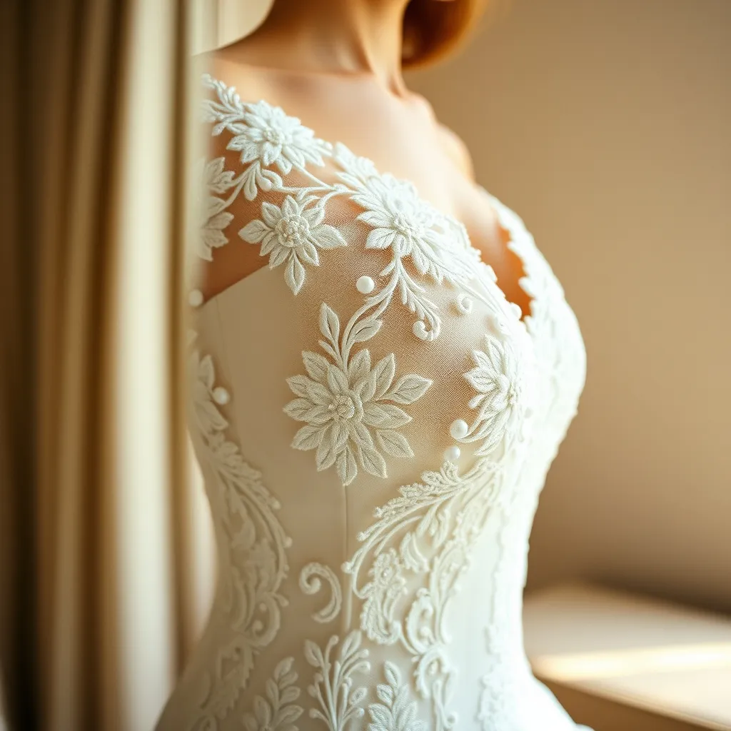Detailaufnahme einer handgearbeiteten Spitzenverzierung auf einem Brautkleid