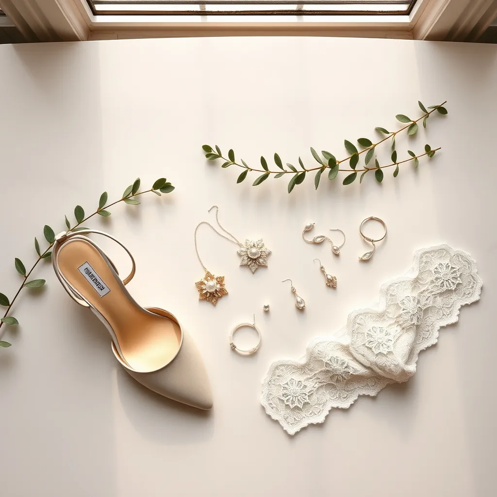 Braut-Accessoires für werdende Mütter: flache Schuhe, zarter Schmuck und Haarschmuck