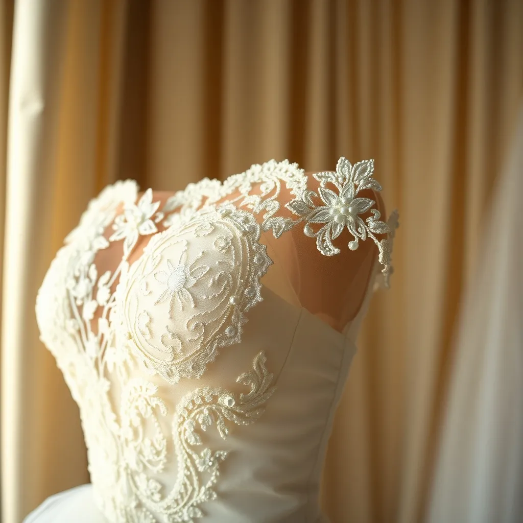 Detailaufnahme feiner Spitze und Perlenstickerei an einem Brautkleid
