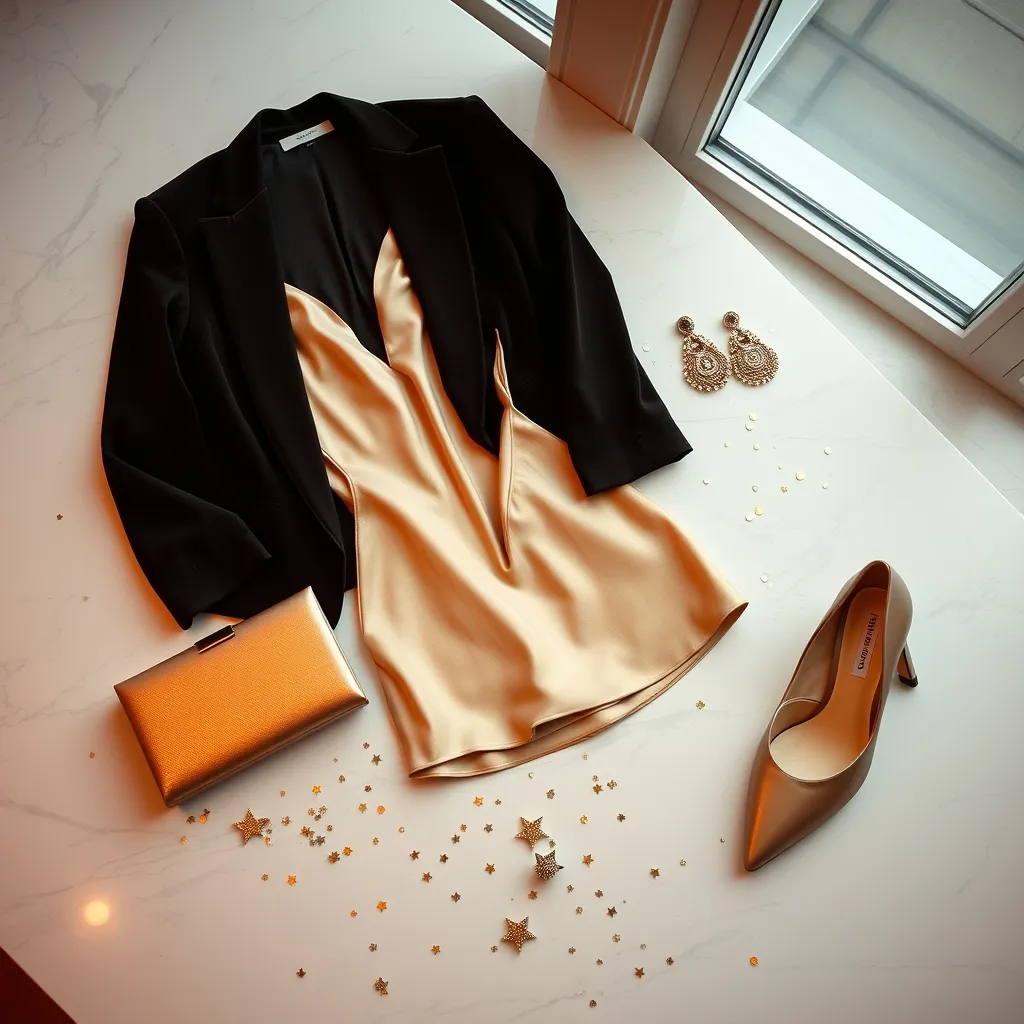 Flat Lay eines stilvollen Silvester Outfits mit Samtblazer und schimmernden Accessoires