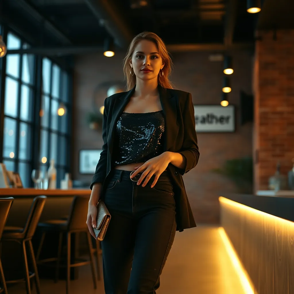 Lässiges Silvester Outfit mit Jeans und Pailletten-Top für die entspannte Feier
