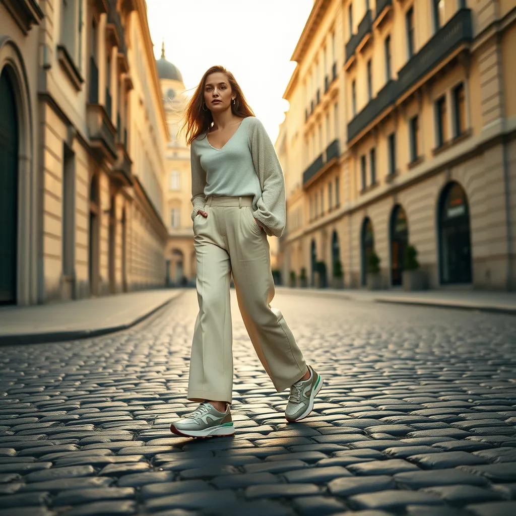 Retro-Laufschuhe in Silber und Creme, kombiniert mit weiten Hosen für einen lässigen Stadtlook