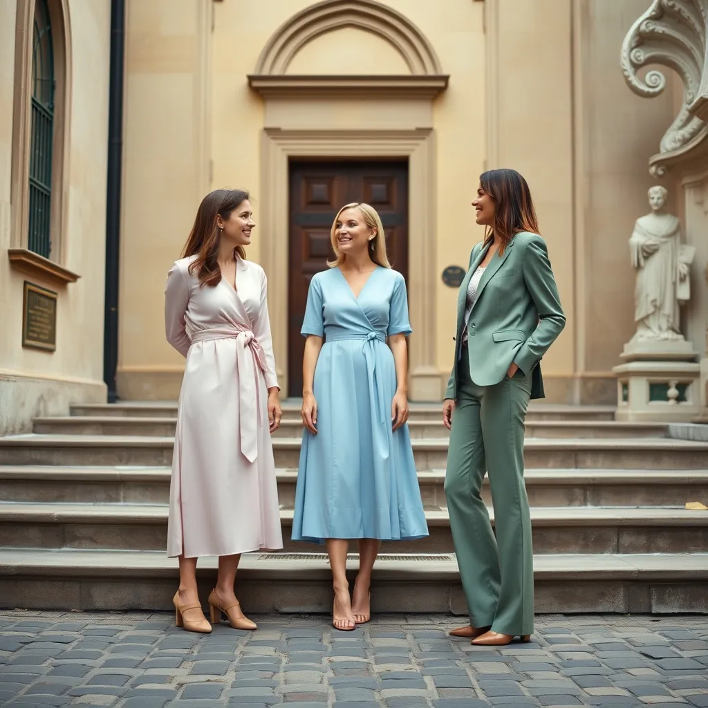 Drei stilvolle Gäste in festlichen Outfits auf den Stufen einer Kirche