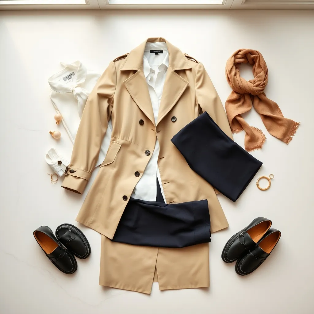 Trenchcoat-Styling im Überblick: Bluse, Stoffhose und elegante Accessoires
