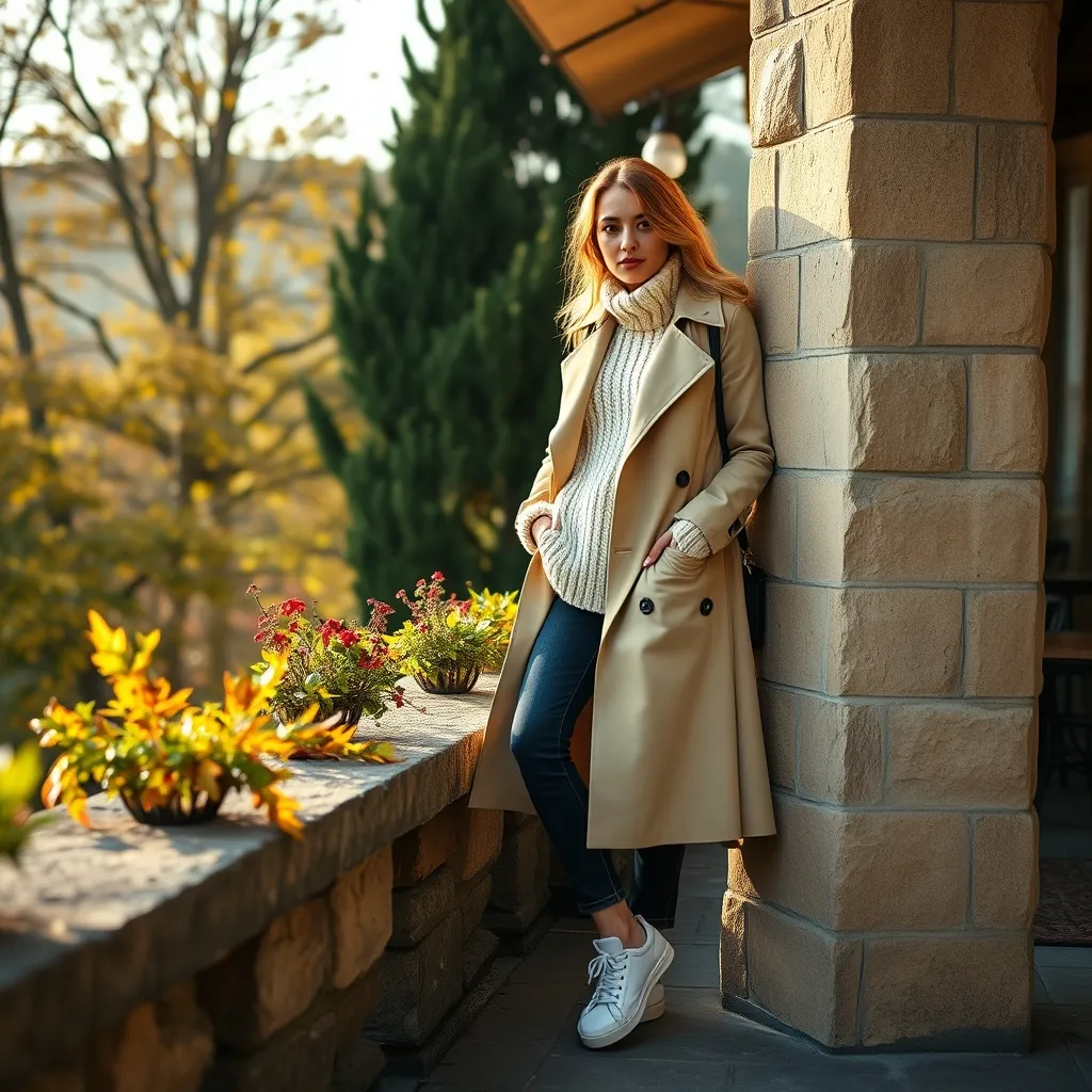 Lässiger Layering-Look: Trenchcoat über Strickpullover und Jeans