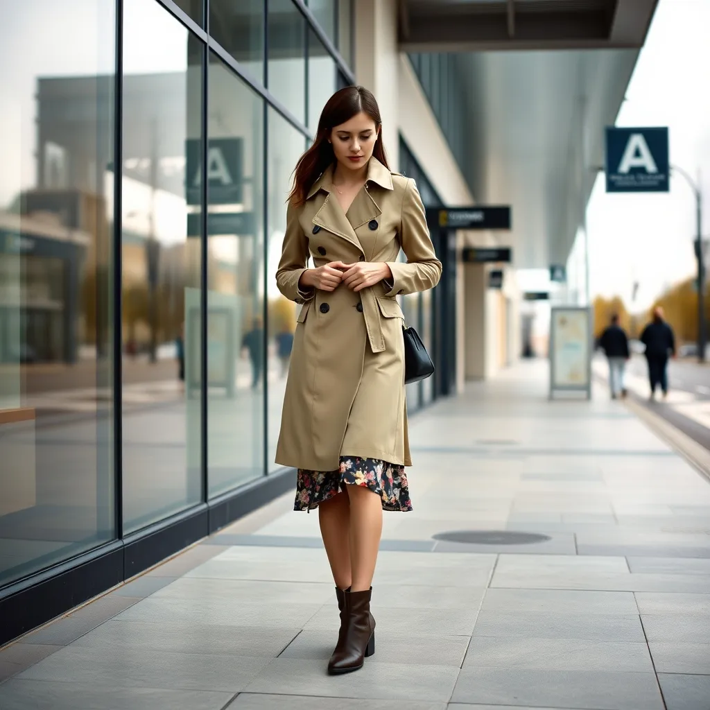 Kurzer Trenchcoat zum Midirock: perfekte Proportionen für kleinere Frauen