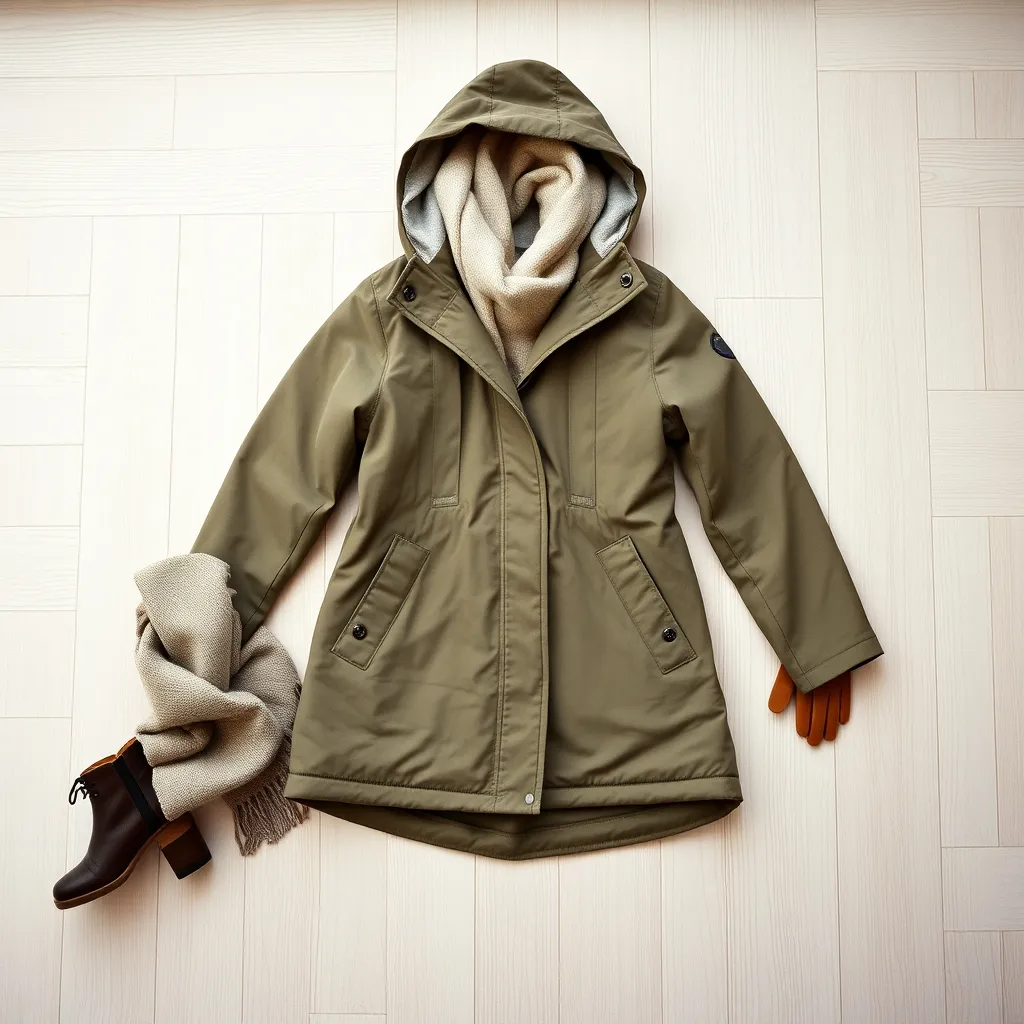 Flat-Lay einer Umstandswinterjacke mit Babyeinsatz und passenden Accessoires
