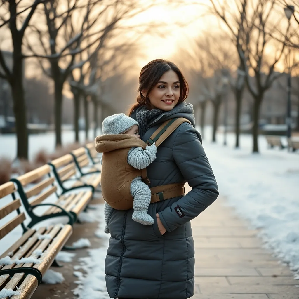 Junge Mutter mit Baby in einer 3-in-1 Tragejacke im winterlichen Park