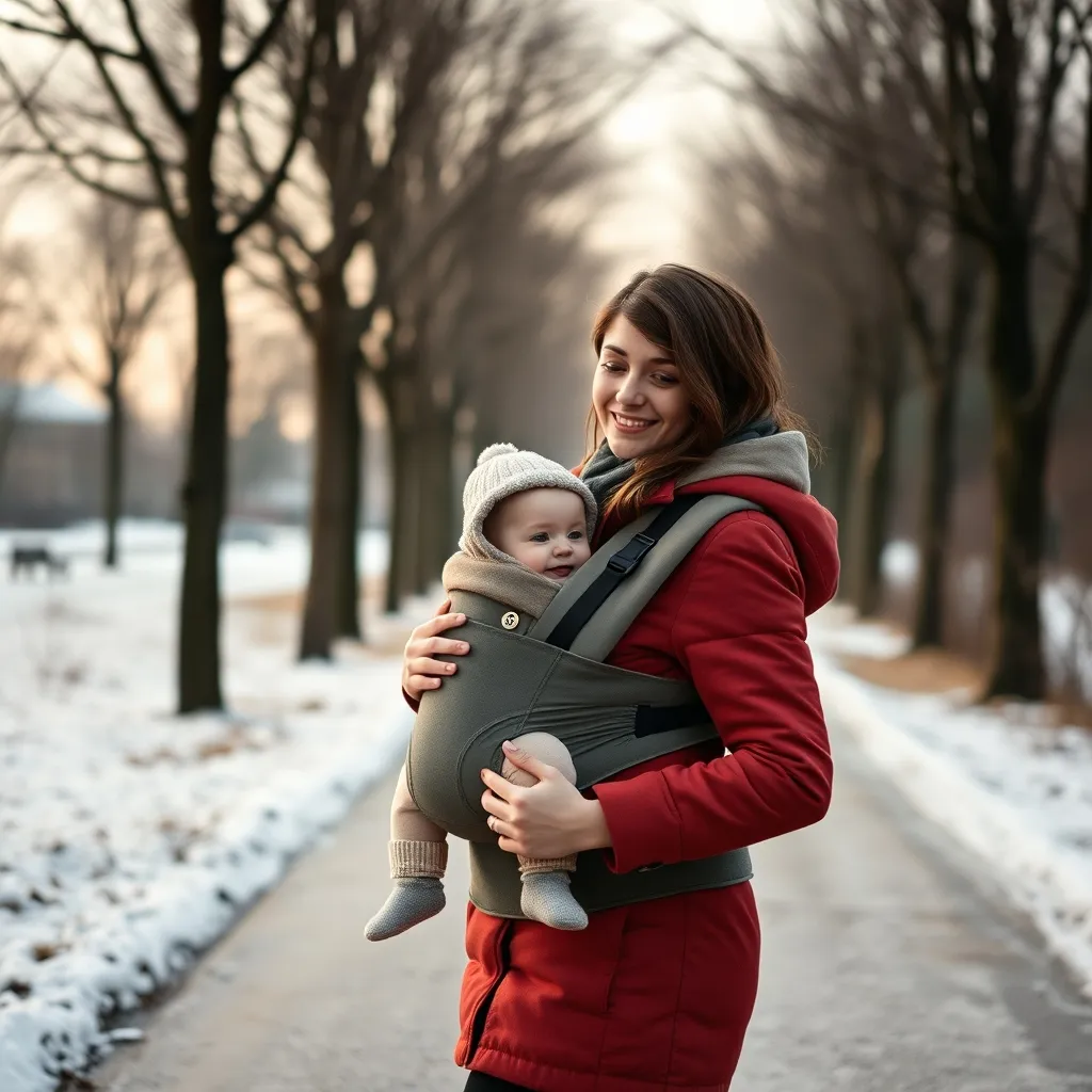 Mutter mit Baby in einer 3-in-1-Tragejacke im winterlichen Park