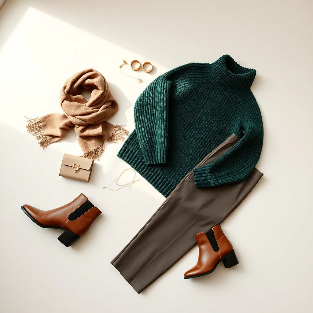 Flat Lay mit den wichtigsten Wintermode-Basics in Tannengrün und neutralen Tönen