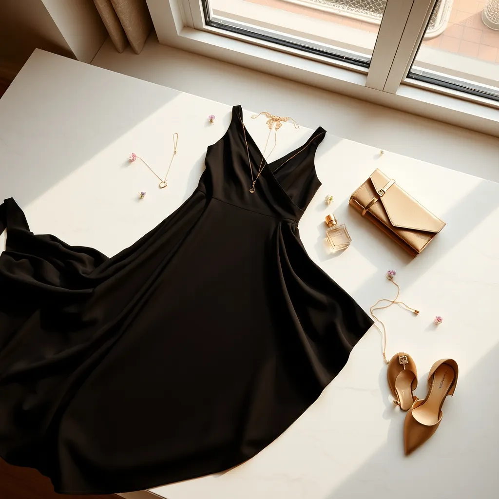 Kompletter Abendlook: Asymmetrisches Kleid mit goldenen Accessoires und eleganten Schuhen